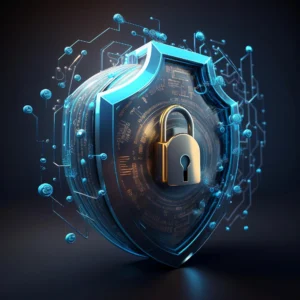 Digital imagery with a hard padlock in front; cybersecurity consulting concept
