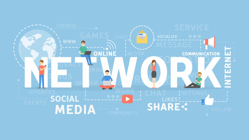 Infographic showing network, internet, and sharing.